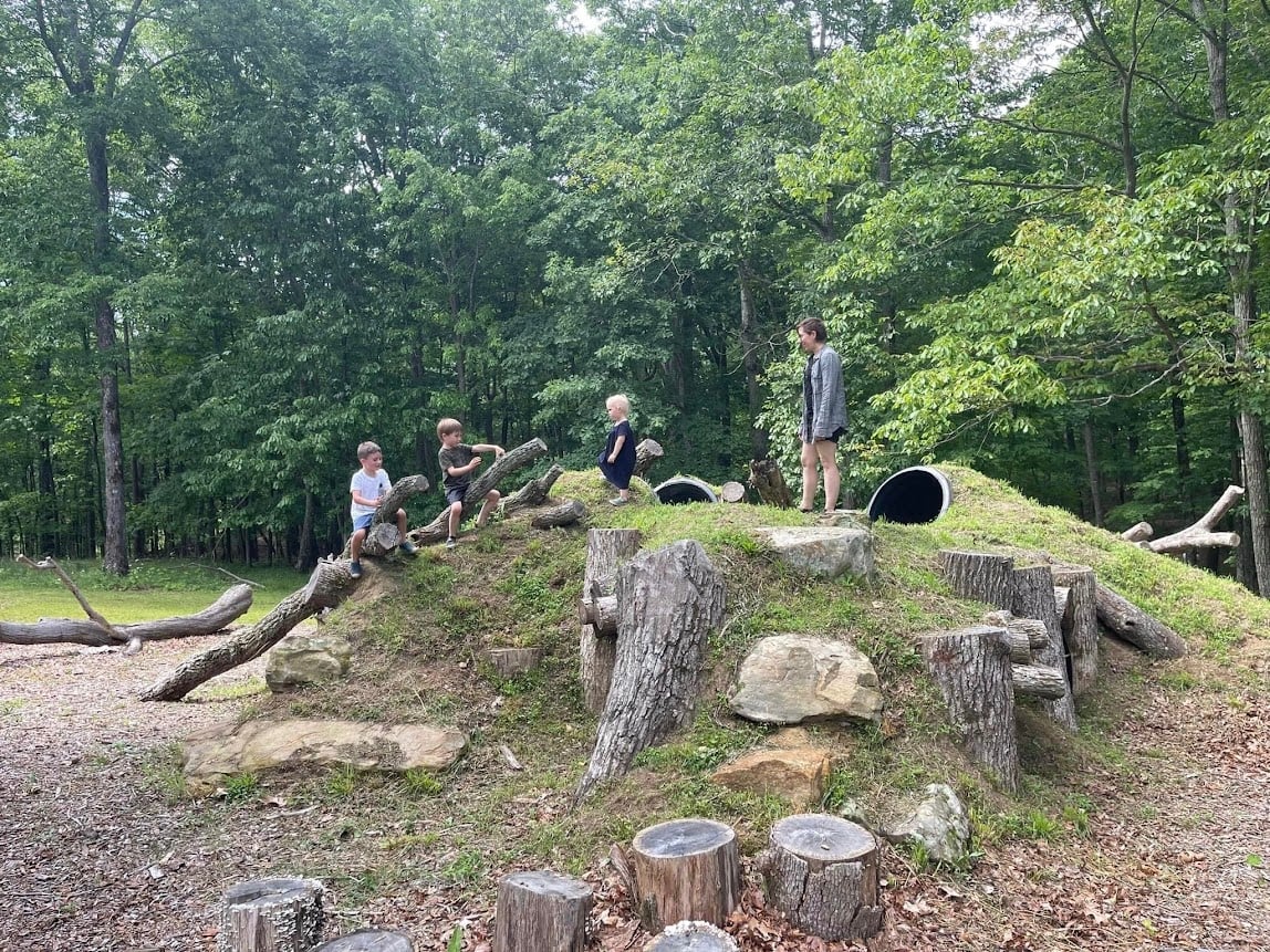 Kids climbing Hobbit Hill in the woods