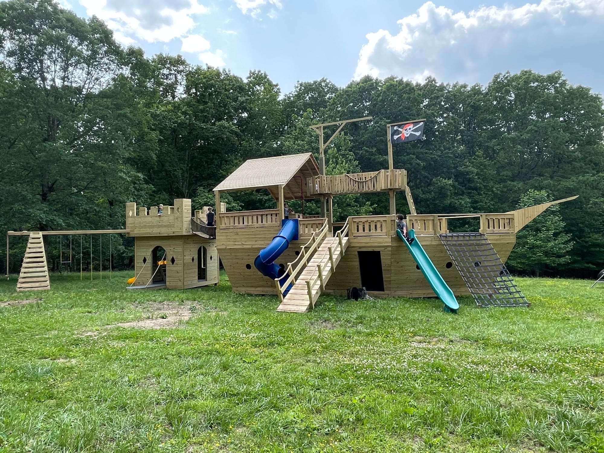 The wooden pirate ship and castle in the Outdoor Fun Zone
